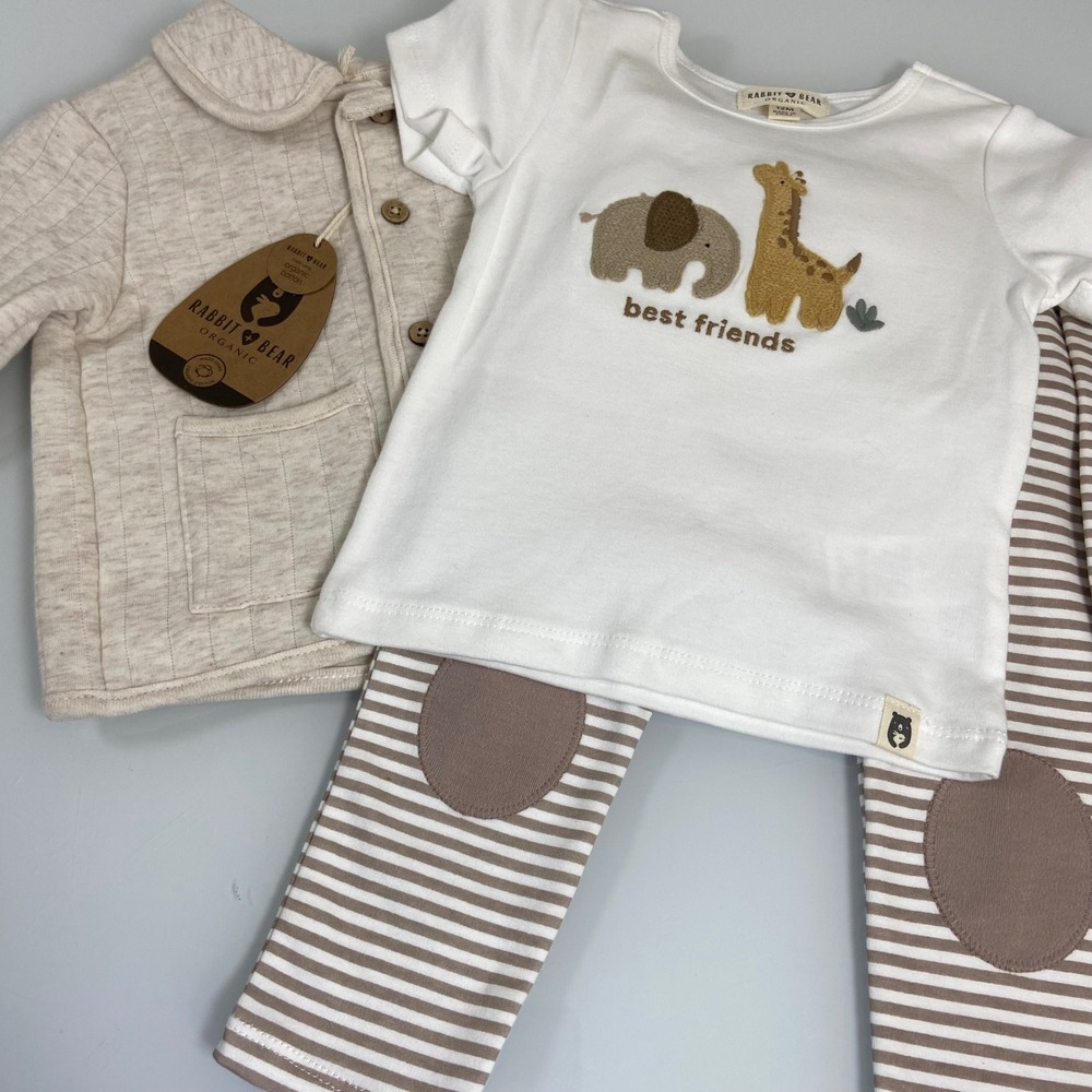 Rabbit + Bear Kids 12M Cream 3pc Organic Cotton Cardigan Shirt Pants Set NEW NWT
